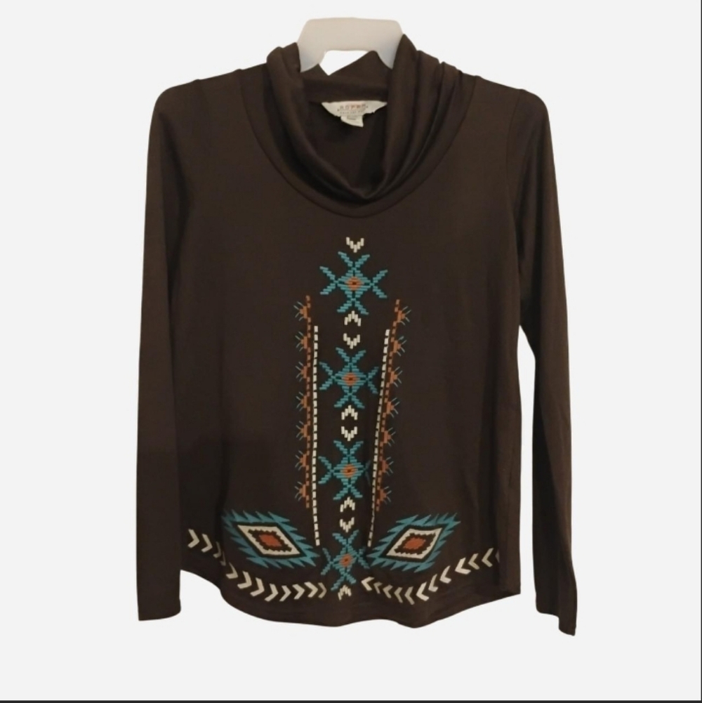 Roper Brown and Blue Patterned Women's Cowl Neck Sweater